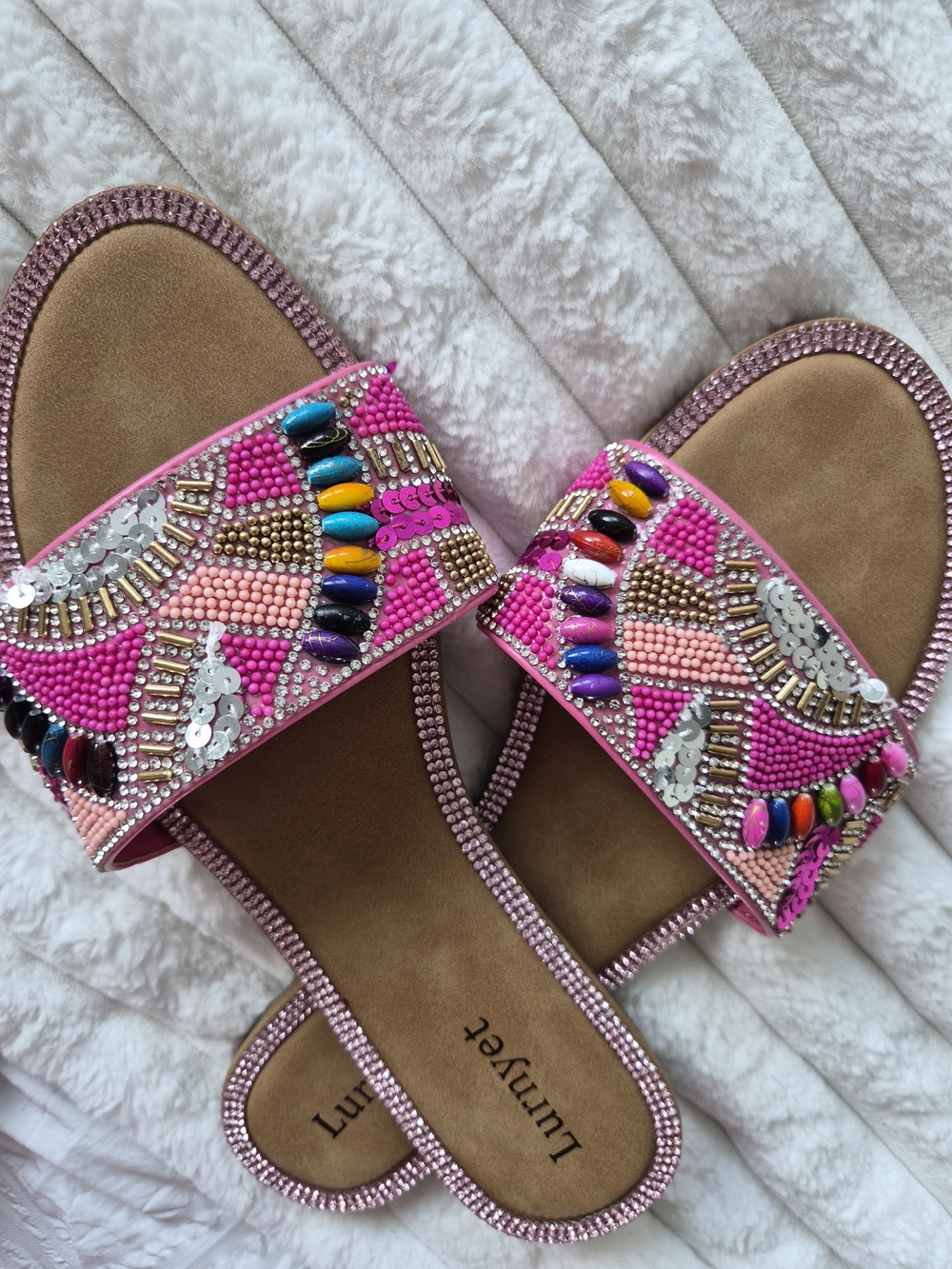 Embellished Pink Beaded Slide Sandals